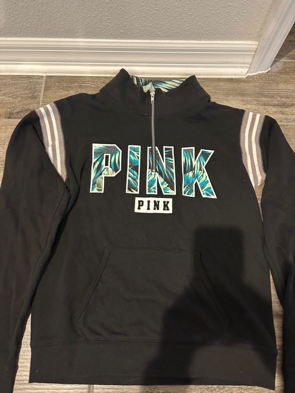 PINK Victoria's Secret Black Half-Zip Pullover with Teal Palm Print